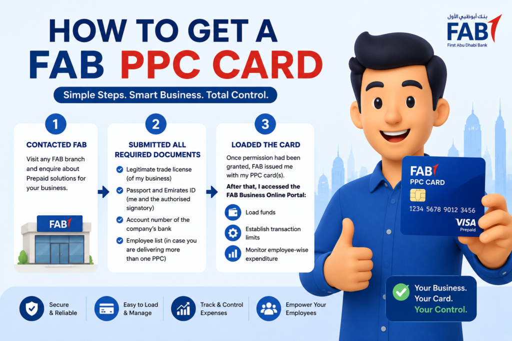How to get a FAB PPC Card infographic showing the three-step application process with an animated person holding a FAB PPC prepaid card.
