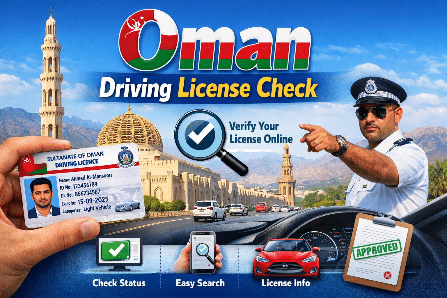 Oman driving license check online showing Omani driving license verification with traffic police, road view, and official license details