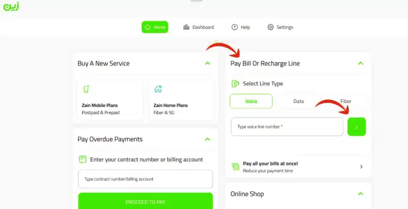 Zain pay bill or recharge line dashboard interface with voice, data and fiber options