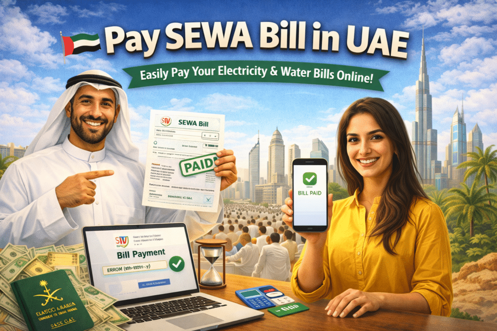 Pay SEWA bill in UAE image showing online electricity and water bill payment confirmation