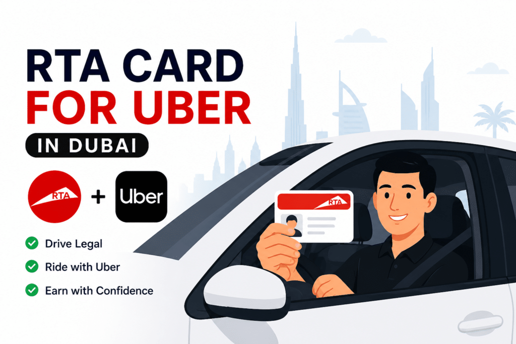 RTA card for Uber in Dubai with driver holding permit inside car for ride-hailing license UAE