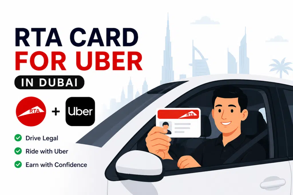 RTA card for Uber in Dubai with driver holding permit inside car for ride-hailing license UAE