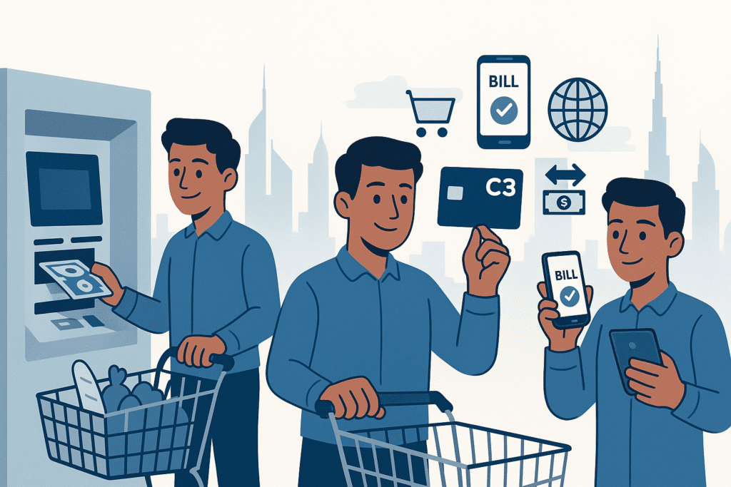 Person using a C3 card for shopping, online payments, ATM withdrawals, and international money transfers in the UAE.