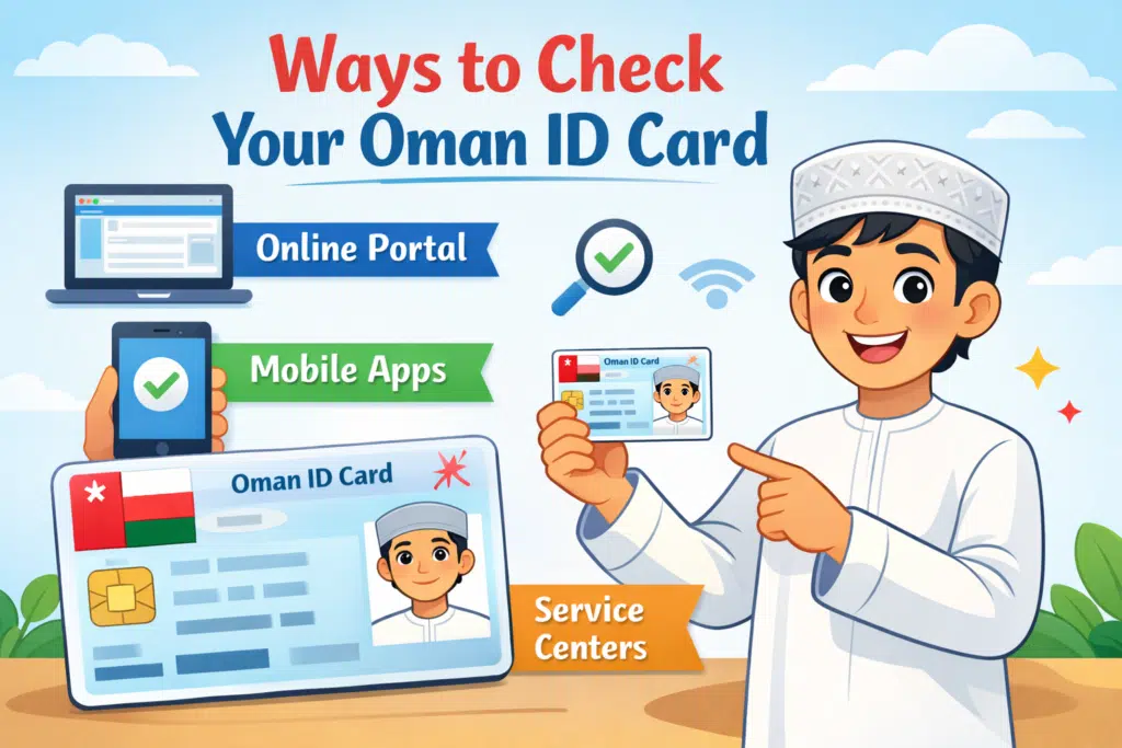 Animated illustration showing ways to check your Oman ID card, including online portal, mobile apps, and service centers, with a smiling Omani man holding an ID card.