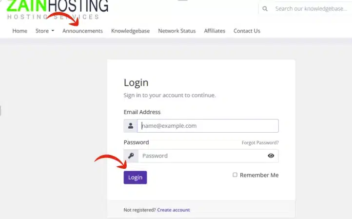 Zain website login page with email and password fields for account access