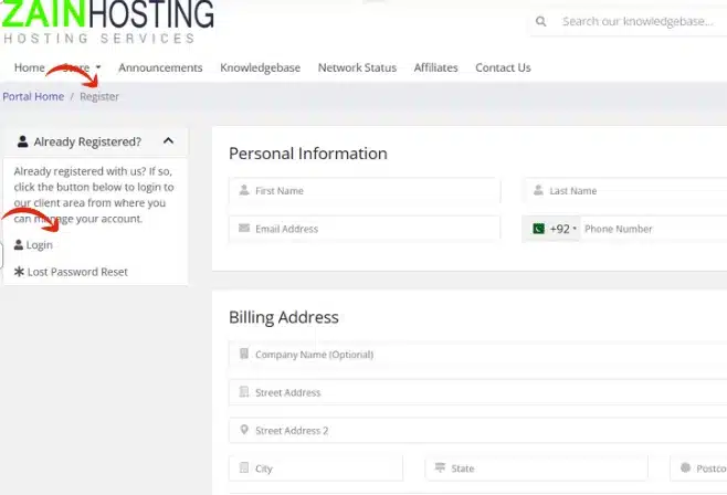Zain recharge online portal with account registration and billing address form interface
