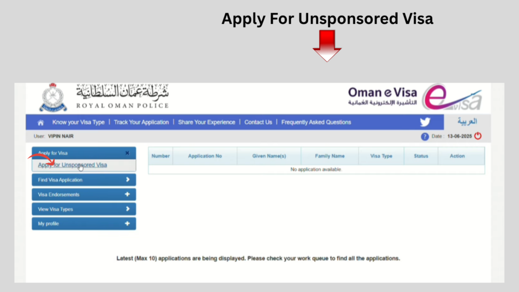 Apply for Oman Visa for GCC Residents by selecting the Unsponsored Visa option on the Royal Oman Police eVisa portal.