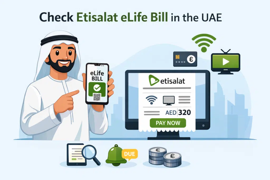 Animated illustration showing a UAE resident checking an Etisalat eLife bill on a smartphone with internet and TV service icons, representing how to check and pay Etisalat eLife bill online in the UAE.