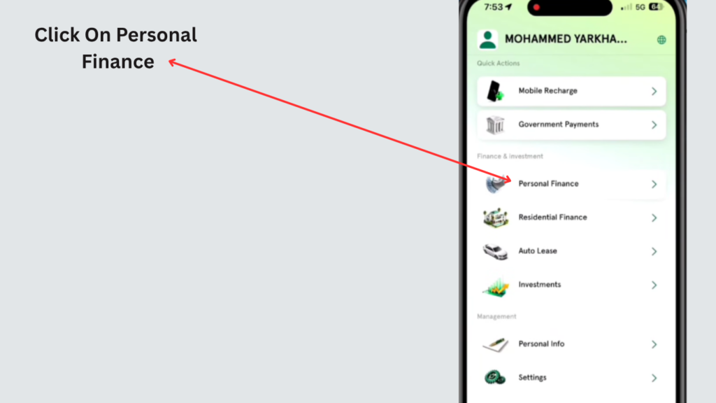 Select Personal Finance in the SNB app before updating Iqama in SNB Online.