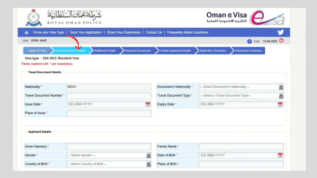 Enter travel document details for Oman Visa for GCC Residents application on the Royal Oman Police eVisa portal.