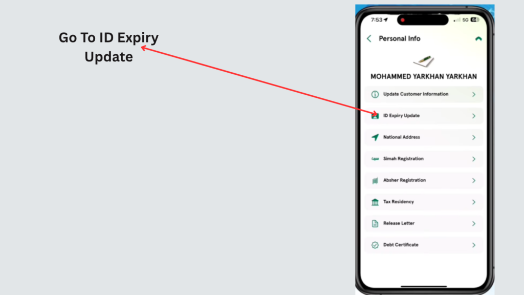 Open the ID Expiry Update option to update Iqama in SNB Online.