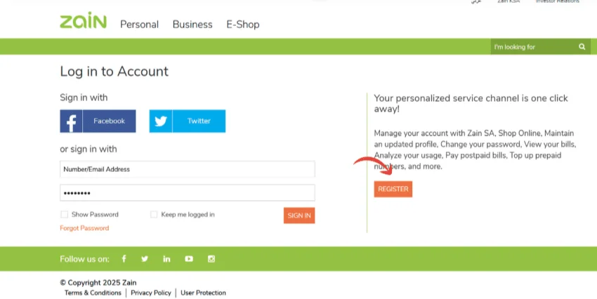 Zain SIM Activation in KSA login page showing account sign in and registration options on the official Zain Saudi website.