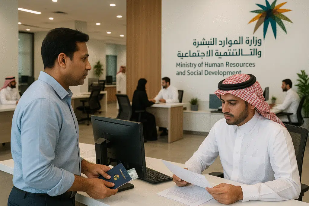 Expatriate submitting documents at the Ministry of Human Resources and Social Development office in Saudi Arabia for Iqama profession change.