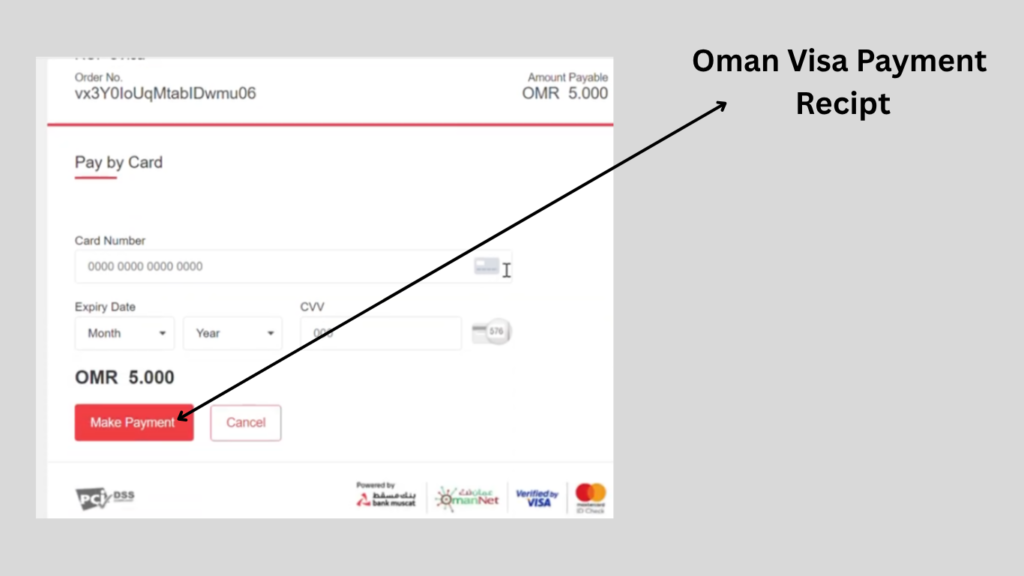 Oman Visa for GCC Residents online payment page showing OMR 5 visa fee and Make Payment button.
