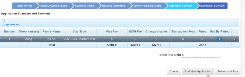 Secure online payment page for Oman Visa for GCC Residents application using debit or credit card.