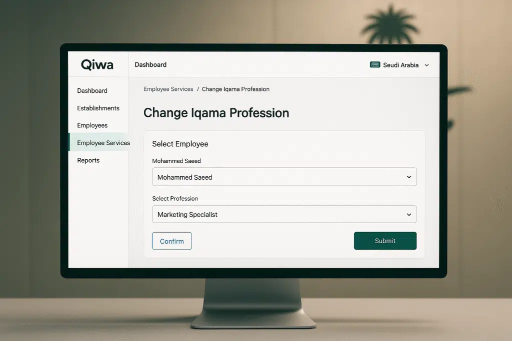 Employer using Qiwa platform to Change Iqama Profession by selecting employee and submitting request.