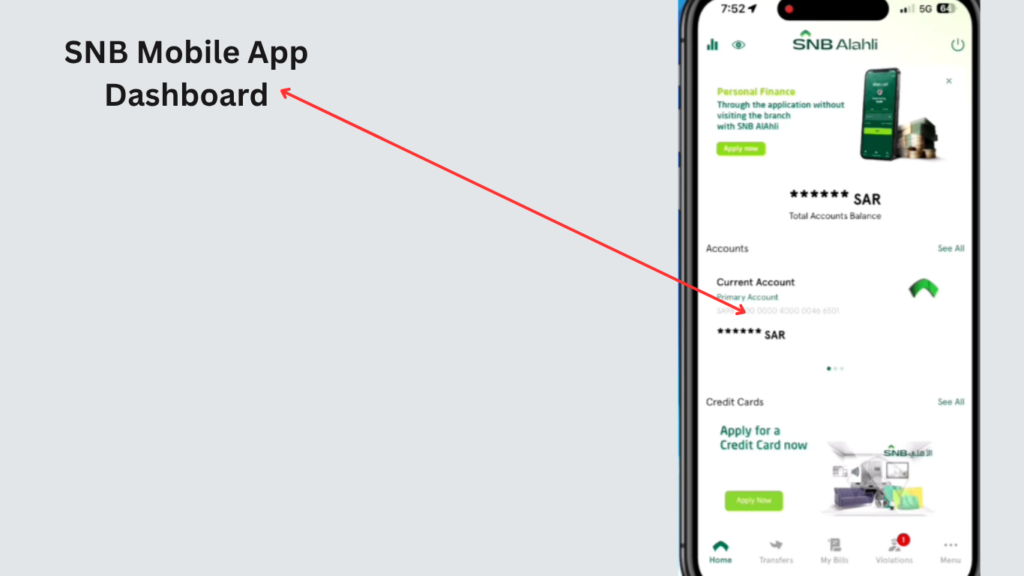 SNB mobile app dashboard for accessing services to update Iqama in SNB Online.