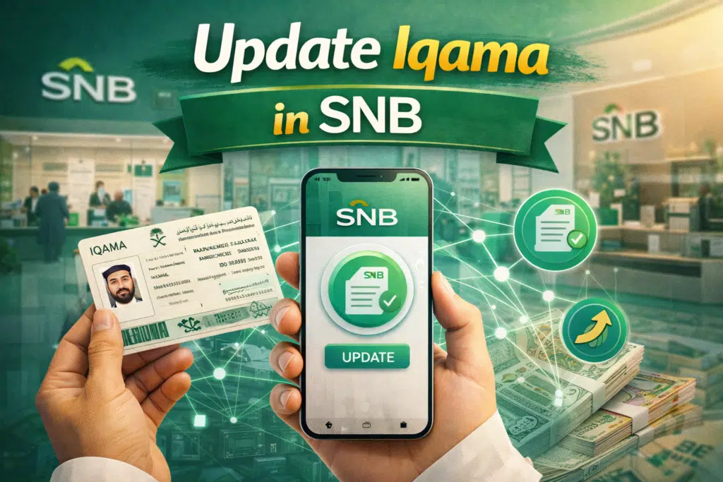Update Iqama in SNB – Saudi National Bank Iqama update process shown with Absher verification, SNB mobile app screen, and official Saudi ID card.