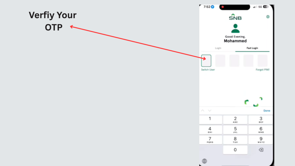 Verify OTP in the SNB app to continue the Update Iqama in SNB Online process.