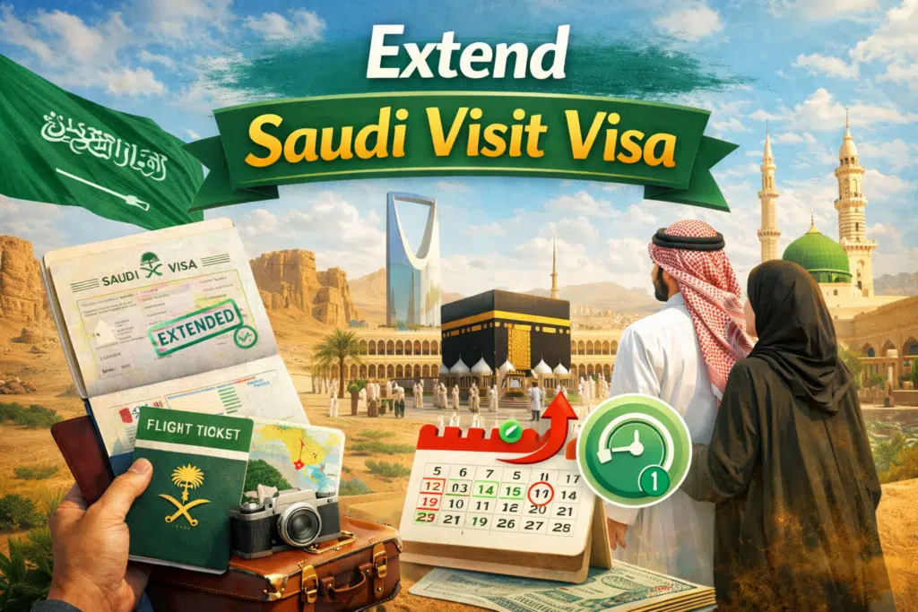 Extend Saudi Visit Visa – extended visa stamp, Saudi landmarks, passport, calendar, and travel documents showing Saudi visit visa extension process.