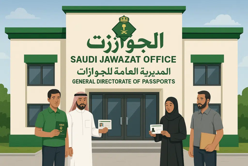 “Saudi Jawazat Office building illustration with people holding passports and Iqama documents.”