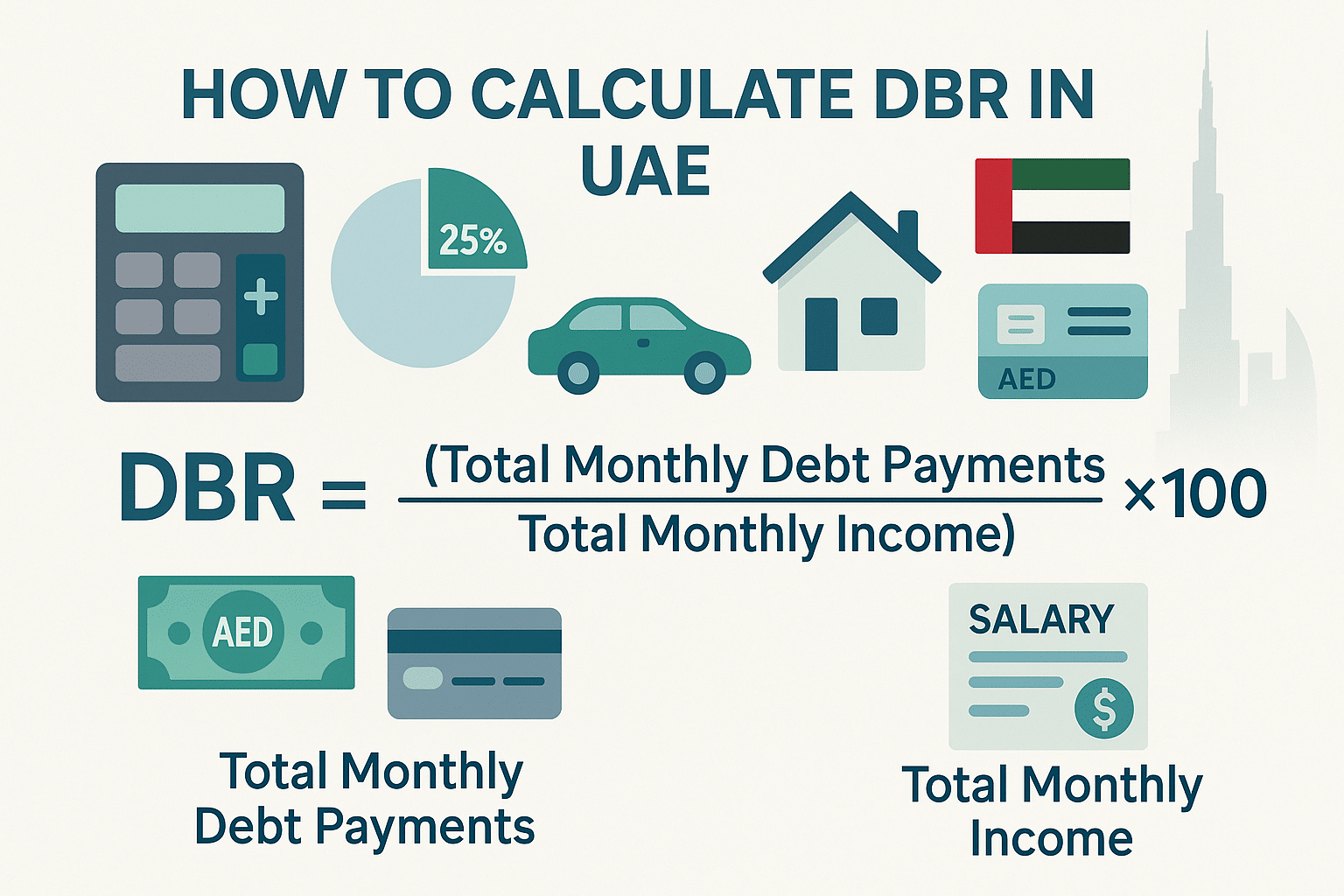 Calculate DBR formula visual – showing debt payments divided by income with icons for loans, salary, and UAE currency.