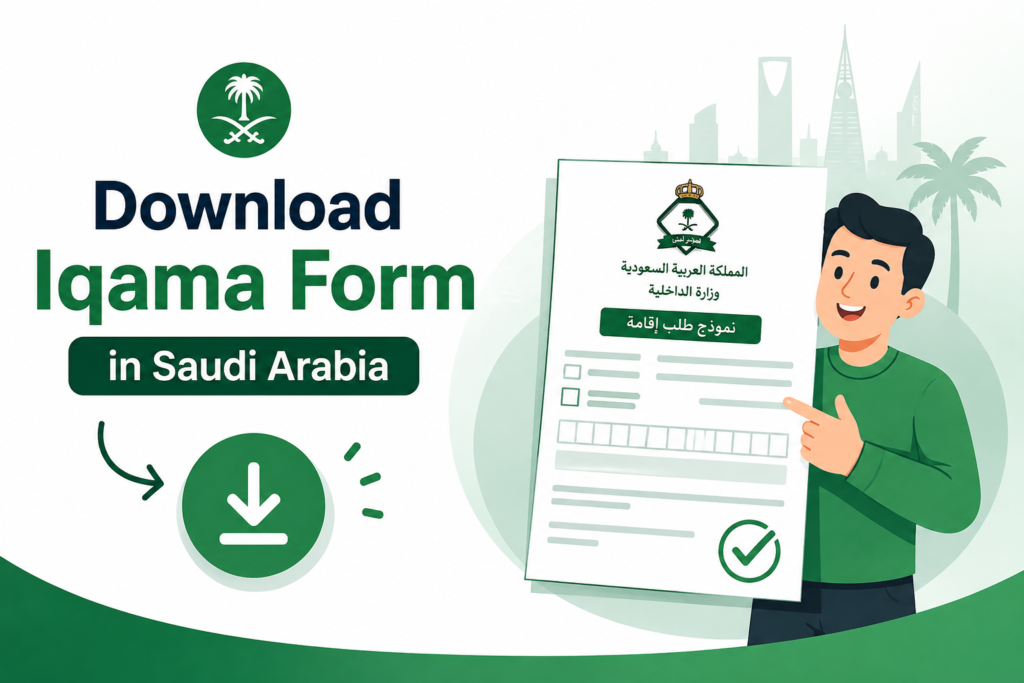 Download Iqama Form in Saudi Arabia feature image with an animated person holding a Saudi Iqama application form and a download icon.