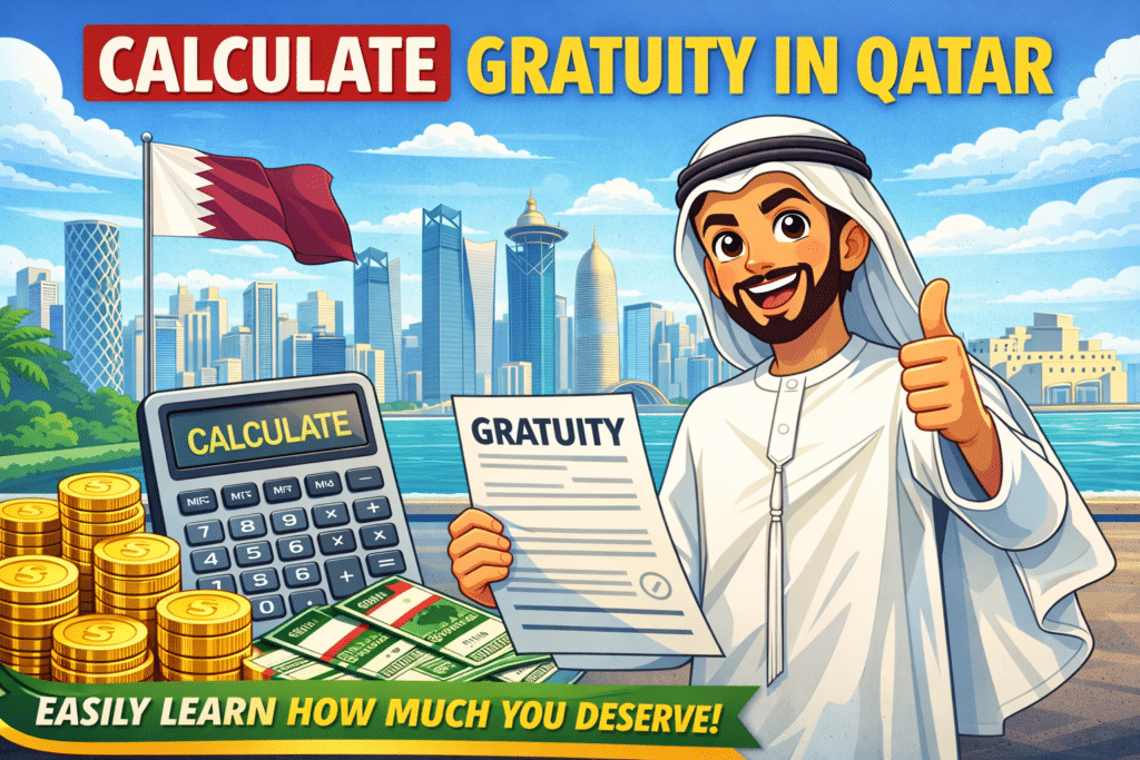 Calculate Gratuity in Qatar feature image with animated Qatari man holding gratuity document, calculator, money, and Doha skyline background.