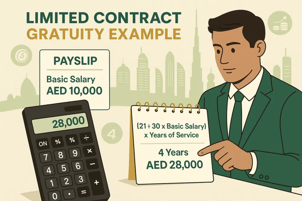 Infographic showing how to Calculate Gratuity in the UAE for a limited contract, with example formula and an expat employee calculating payout.