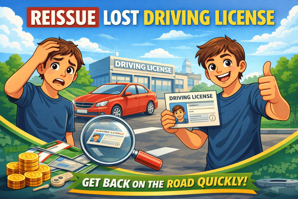 Reissue Lost Driving License feature image with animated man holding new driving license outside licensing office.