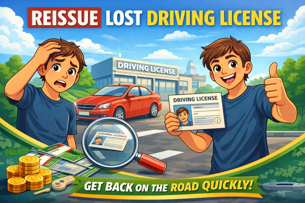 Reissue Lost Driving License feature image with animated man holding new driving license outside licensing office.