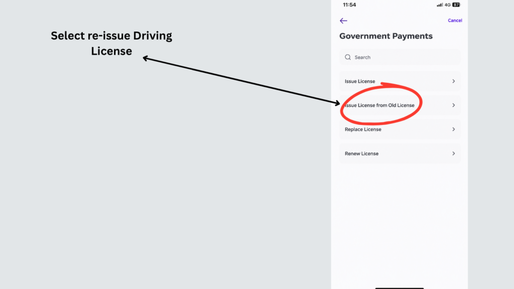 Select re-issue driving license option in Saudi banking app Government Payments menu