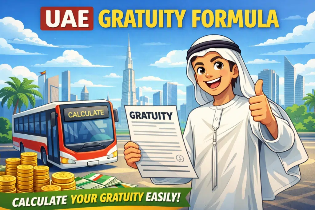 UAE Gratuity Formula feature image with animated Emirati man holding gratuity paper, calculator, coins, and Dubai skyline background.