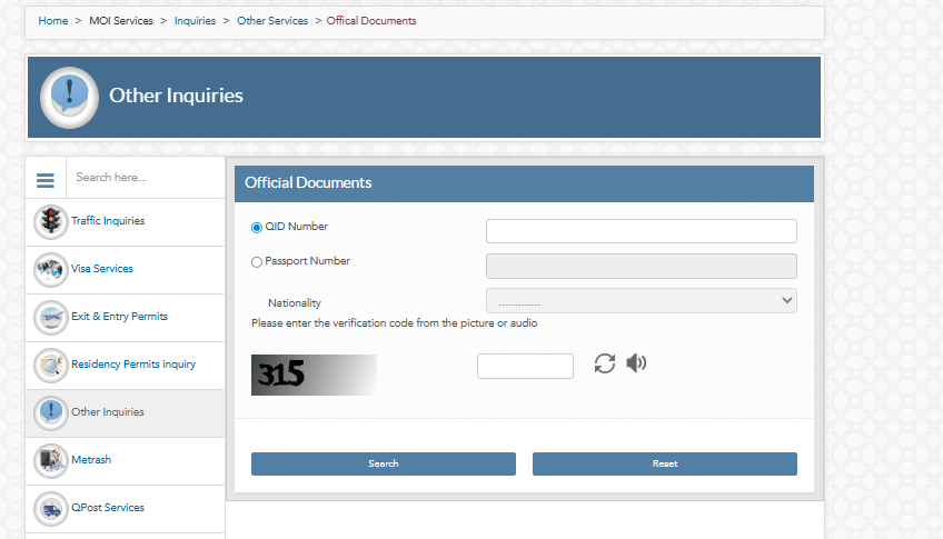 A Screenshot of Official MOI Website