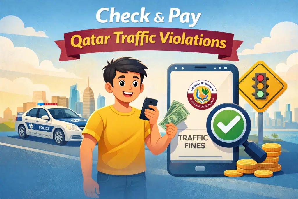 Check and pay Qatar traffic violations online illustration with driver using mobile phone to view traffic fines in Qatar