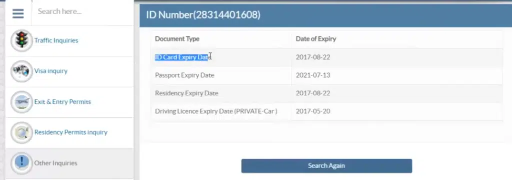 Qatar driving licence status check result showing expiry date and ID details online