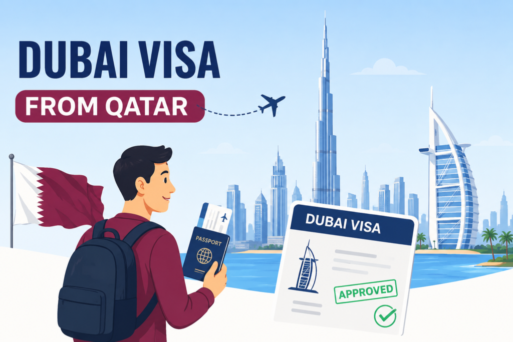 Animated traveler holding a passport with Dubai skyline and Qatar flag representing the Dubai visa application process from Qatar.