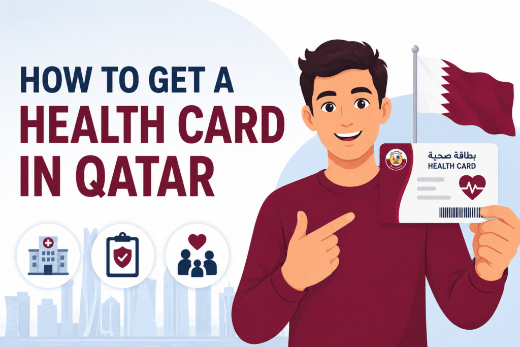 Animated illustration showing a man holding a Qatar Health Card with the Qatar flag, healthcare icons, and the title "How to Get a Health Card in Qatar."
