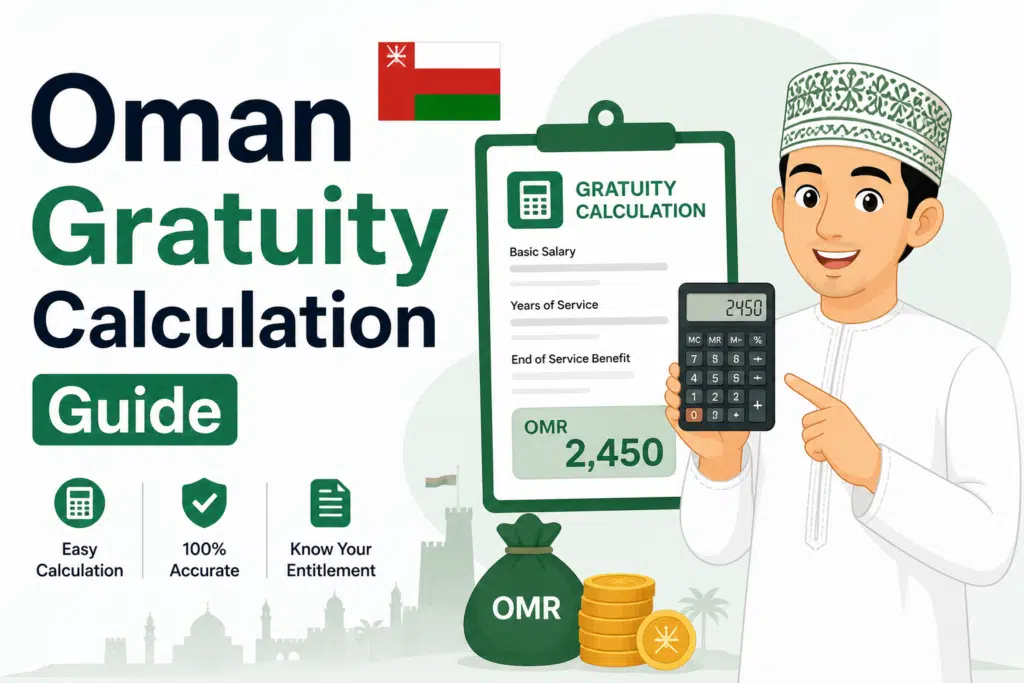 Oman gratuity calculation guide for employees showing end of service benefits formula and salary breakdown