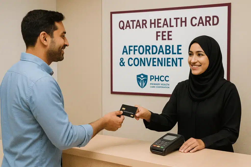 This image shows the reception area inside a Qatar Primary Health Care Center (PHCC), where friendly and professional staff are assisting residents in submitting their health card application documents.