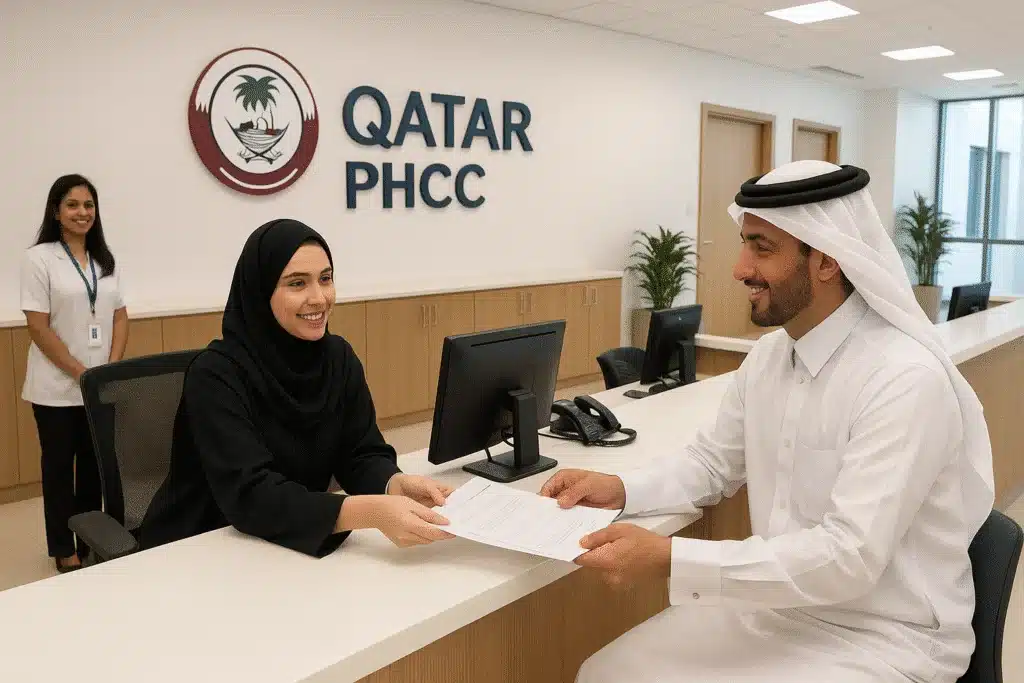This image shows the reception area inside a Qatar Primary Health Care Center (PHCC), where friendly and professional staff are assisting residents in submitting their health card application documents. The bright, clean, and well-organized environment highlights how easy and efficient the process is for applicants.