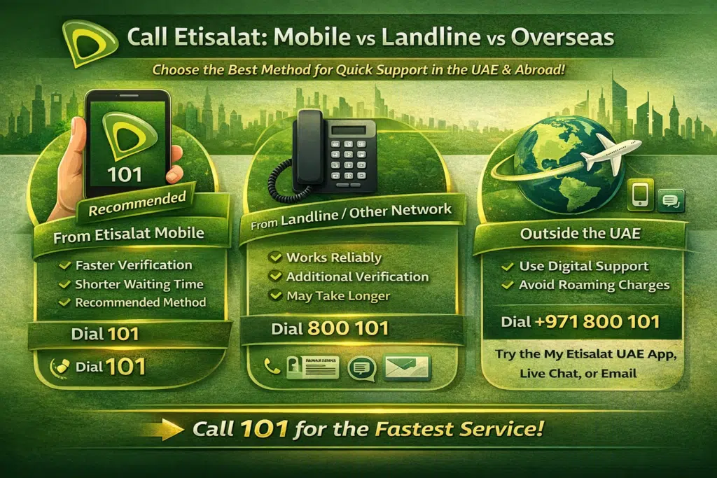 Infographic showing Etisalat customer support methods: mobile, landline, and international calls with app and email options.