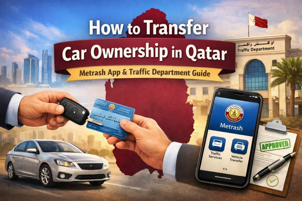 Featured image for a blog on how to transfer car ownership in Qatar, illustrating both Metrash App and Traffic Department methods with a car, registration card, smartphone interface, and approved documents. Perfect for guiding users through the ownership transfer process