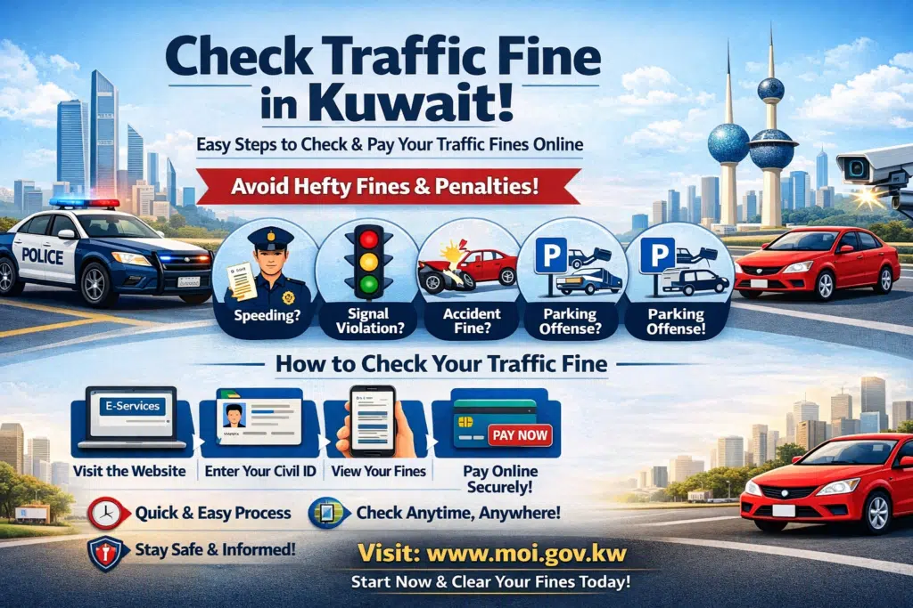 This infographic explains how to check traffic fines in Kuwait online using the Ministry of Interior (MOI) e-services. It highlights common traffic violations such as speeding, signal violations, accidents, and parking offenses, and shows step-by-step instructions to check and pay fines using a Civil ID. Designed to help residents quickly avoid penalties and stay compliant with Kuwait traffic laws