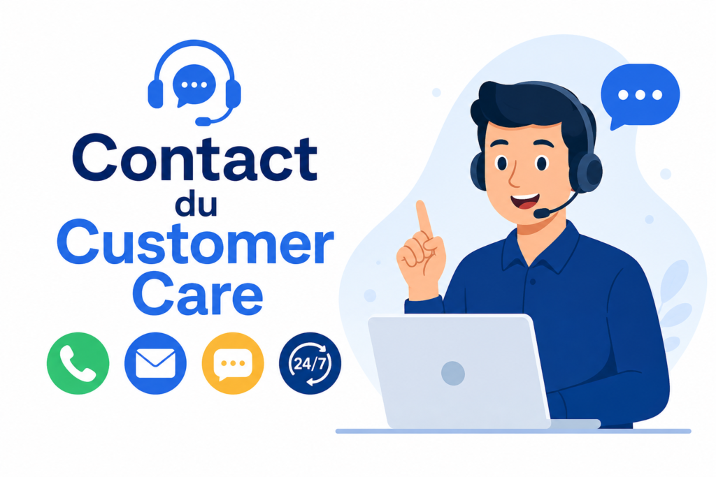 Animated customer care representative wearing a headset beside a laptop with phone, email, chat, and 24/7 support icons for Contact du Customer Care.