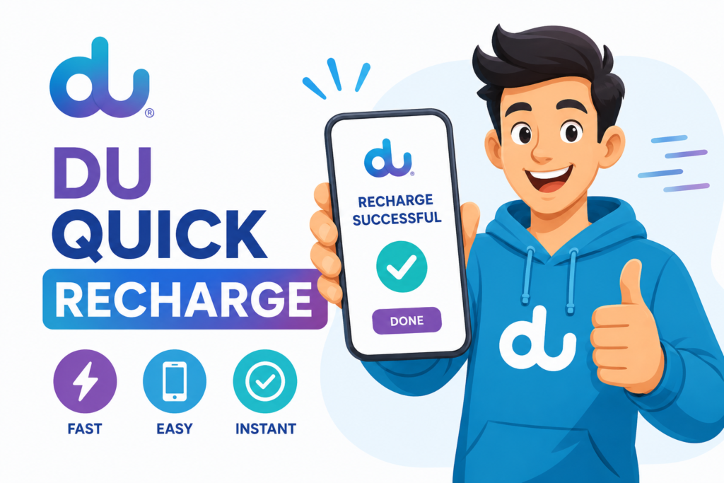 Animated person holding a smartphone showing DU Quick Recharge success with DU logo and fast mobile recharge icons.