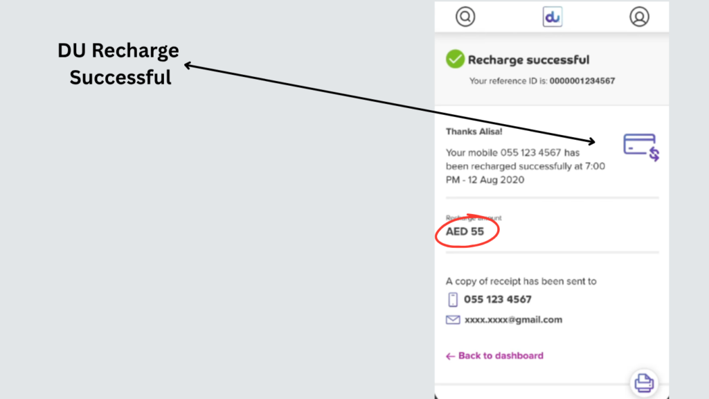 DU Quick Recharge successful confirmation screen showing completed prepaid mobile recharge and payment amount.
