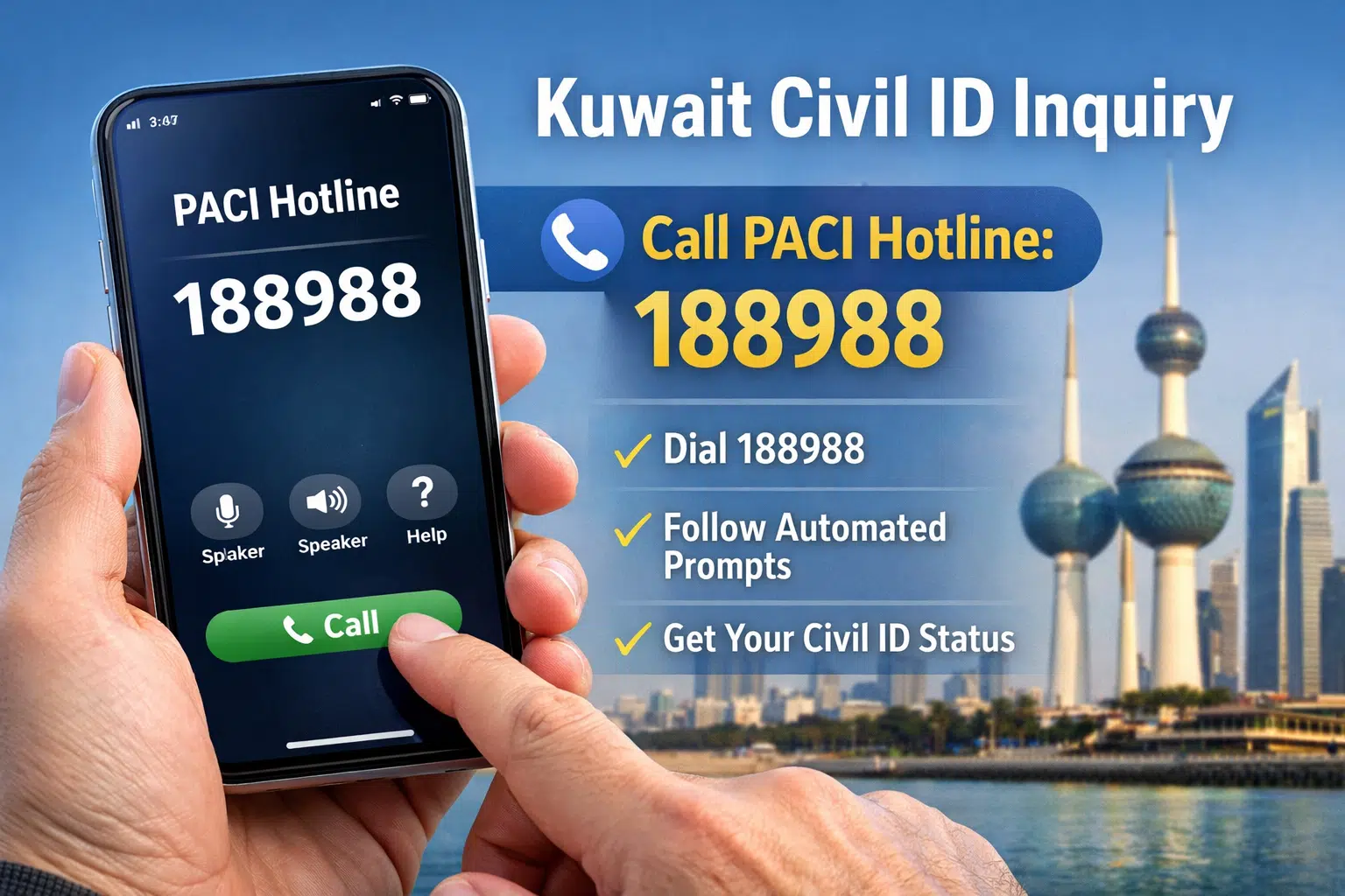 Expat checking Kuwait Civil ID status by calling PACI hotline 188988 on a smartphone, with Kuwait City skyline in the background