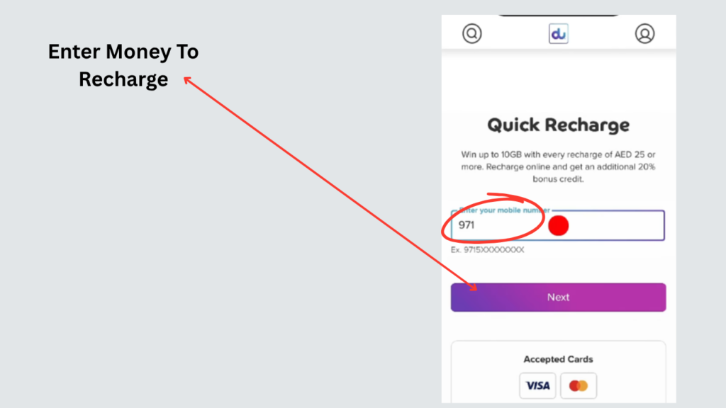 DU Quick Recharge page showing mobile number entry and recharge amount before proceeding with online prepaid recharge.