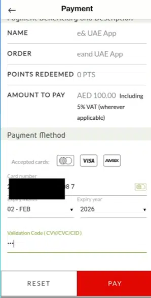 Etisalat billing history page showing previous Etisalat bill payments and payment options in the e& UAE mobile app.